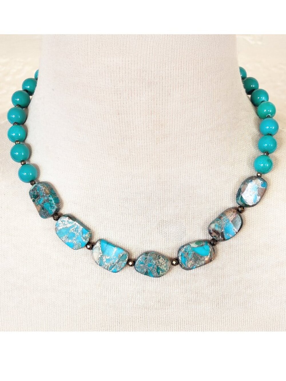 Southwestern Turquoise & Teal Blue Mosaic Imperial Jasper Statement Necklace